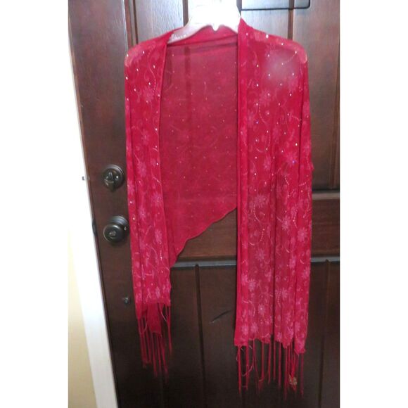 Vintage Red Wine Burgundy Floral Pattern with Sequins Scarf Shawl Wrap Boho - Picture 1 of 4